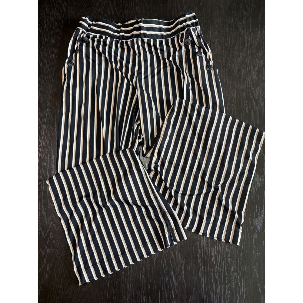 Robert Lou Wide Leg Pants Women Large Black Striped Excellent Button Detail